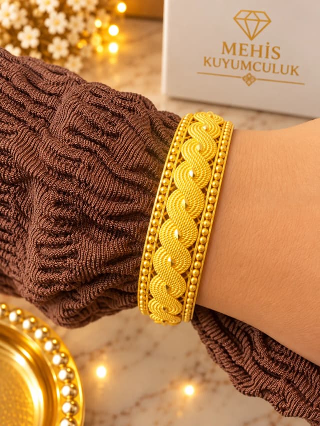 Göz Alıcı Dalgalı Örgü 14 Ayar Kırmızı Altın Kelepçe