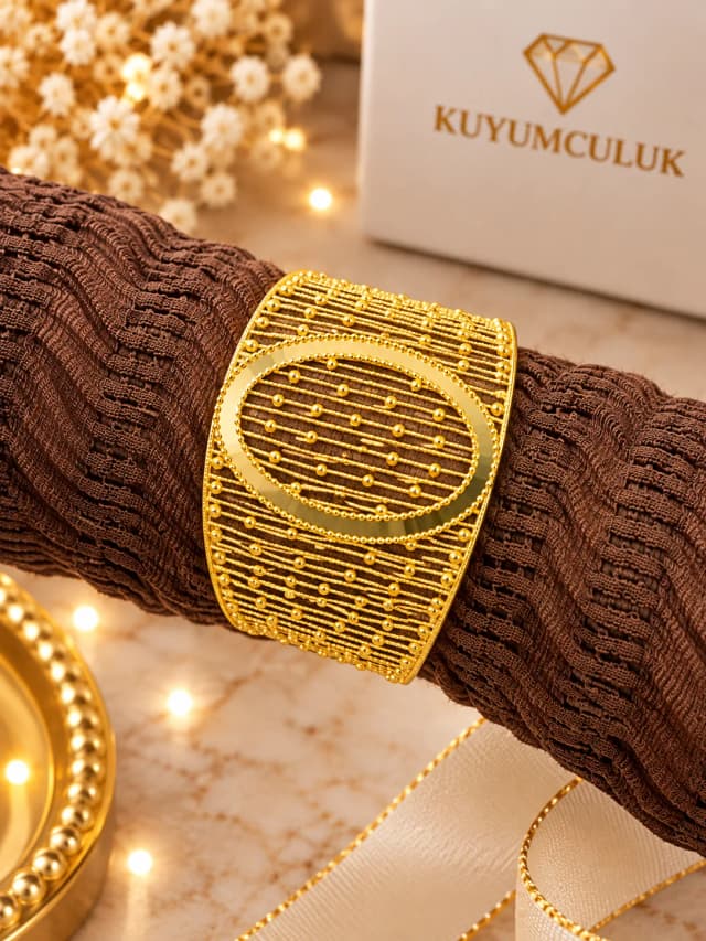 Göz Alıcı Tül Kelepçe Oval Çerçeveli 14 Ayar Yeşil Altın Kelepçe