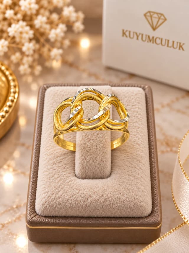 Üçlü Halka Formlu 18 Numara 14 Ayar Kırmızı Altın Yüzük