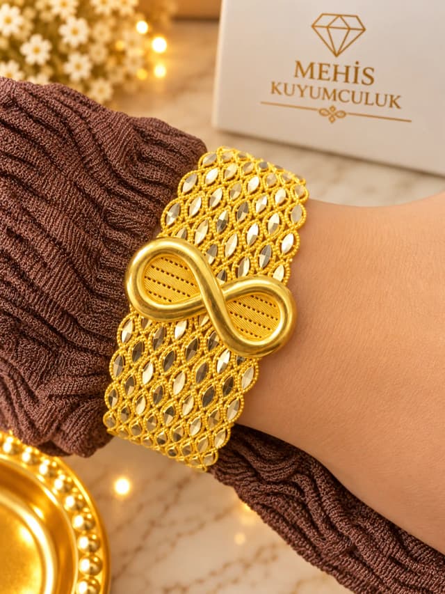 Göz Alıcı Sonsuzluk Tokalı 14 Ayar Kırmızı Altın Kelepçe