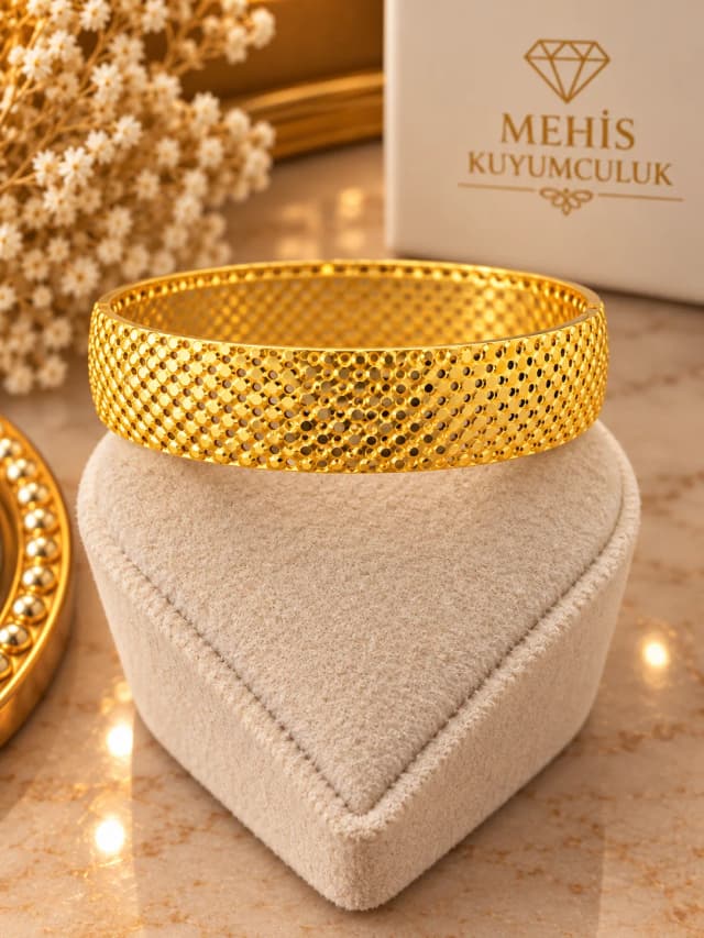 Işıltılı Petek Dokulu 14 Ayar Altın Kelepçe