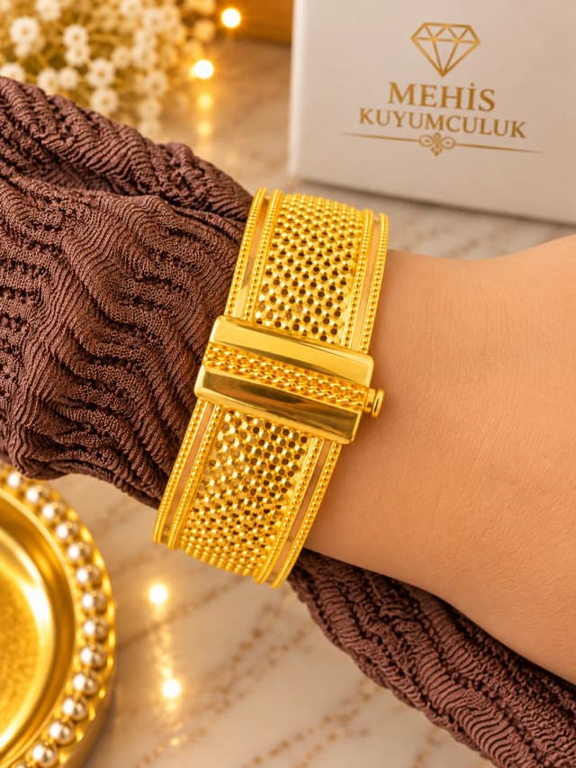 Görkemli Örgü Dokulu 14 Ayar Altın Kelepçe