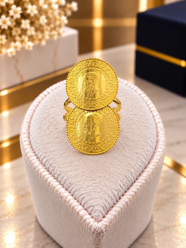 Çift Çeyrek Motifli 14 Ayar Kırmızı Altın Yüzük