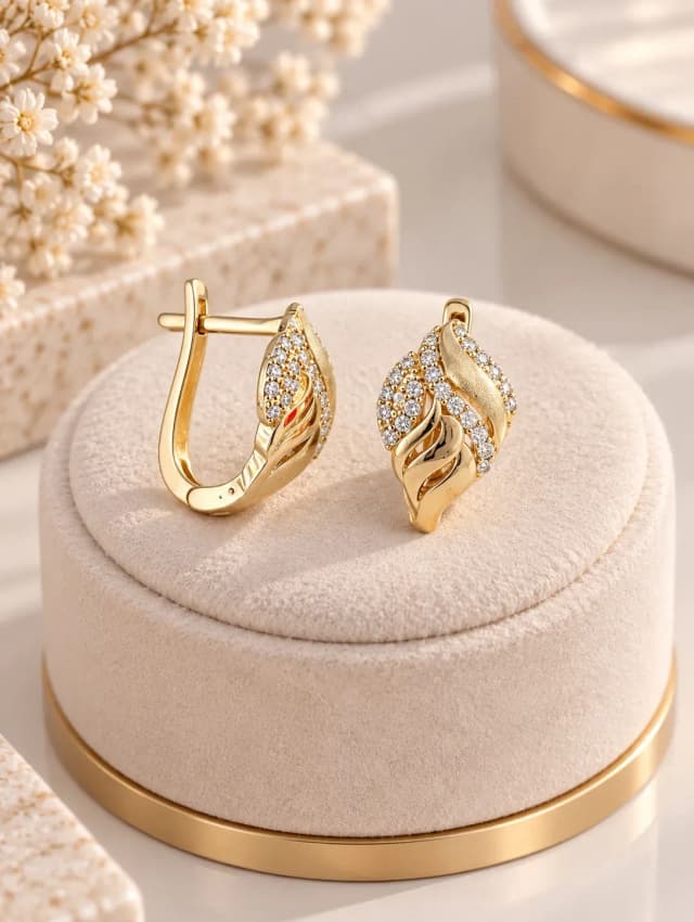 Taşlı Yaprak Burgu Model 8 Ayar Yeşil Altın Küpe