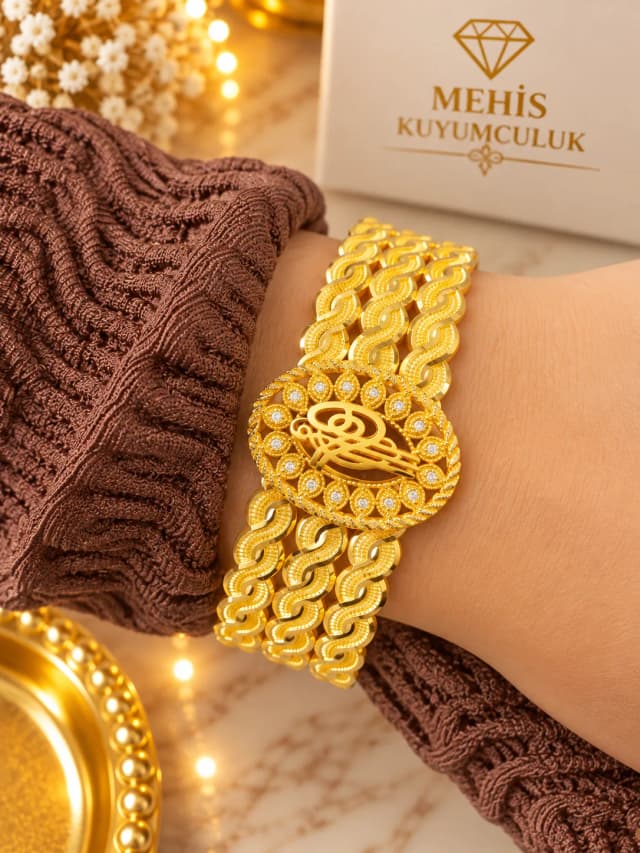 Geleneksel Osmanlı Tuğralı 14 Ayar Kırmızı Kelepçe