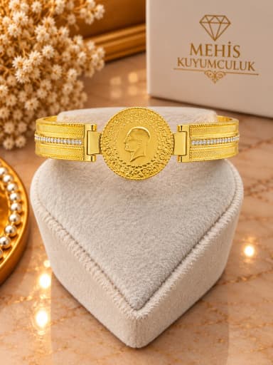 Görkemli Çeyrek Vizyonlu 14 Ayar Kırmızı Altın Kelepçe (Ortası 22 Ayar)