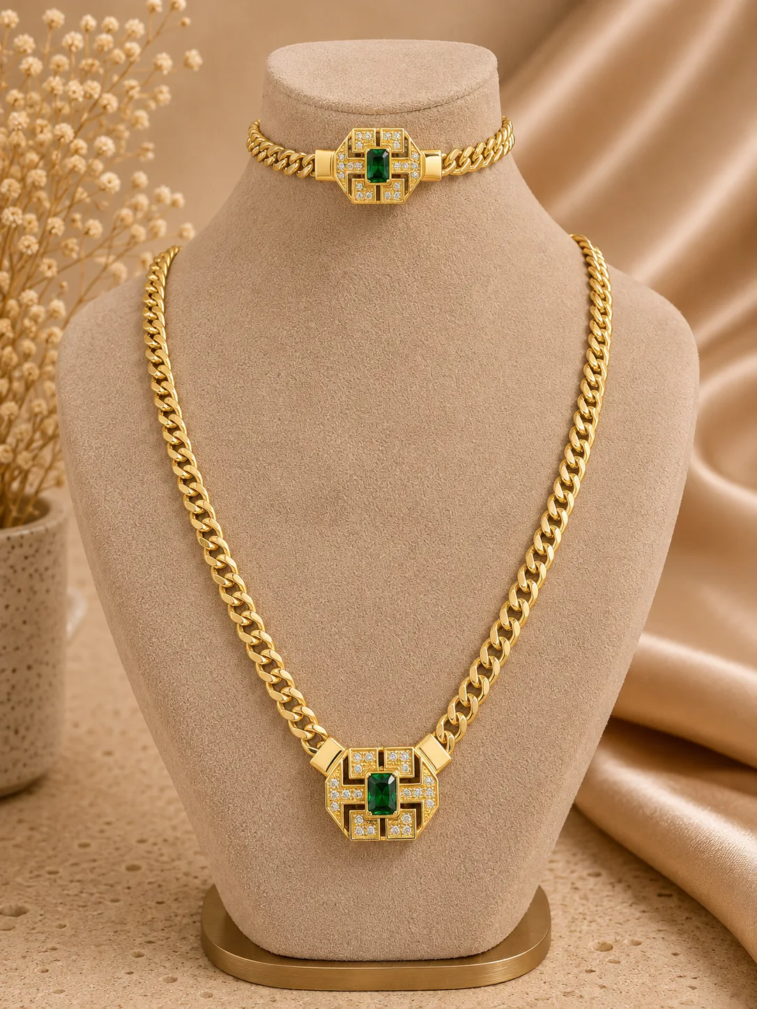 Art Deco Yeşil Taşlı 14 Ayar Altın Takım
