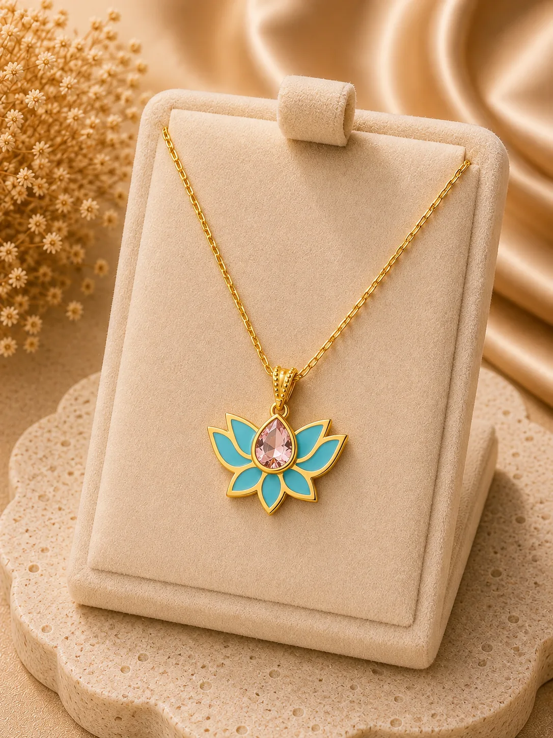 Mineli Lotus Çiçeği 14 Ayar Altın Kolye